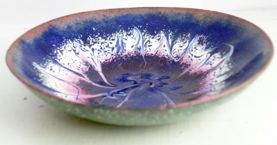 Large dish - enamel - dark blue scrolled white and pink