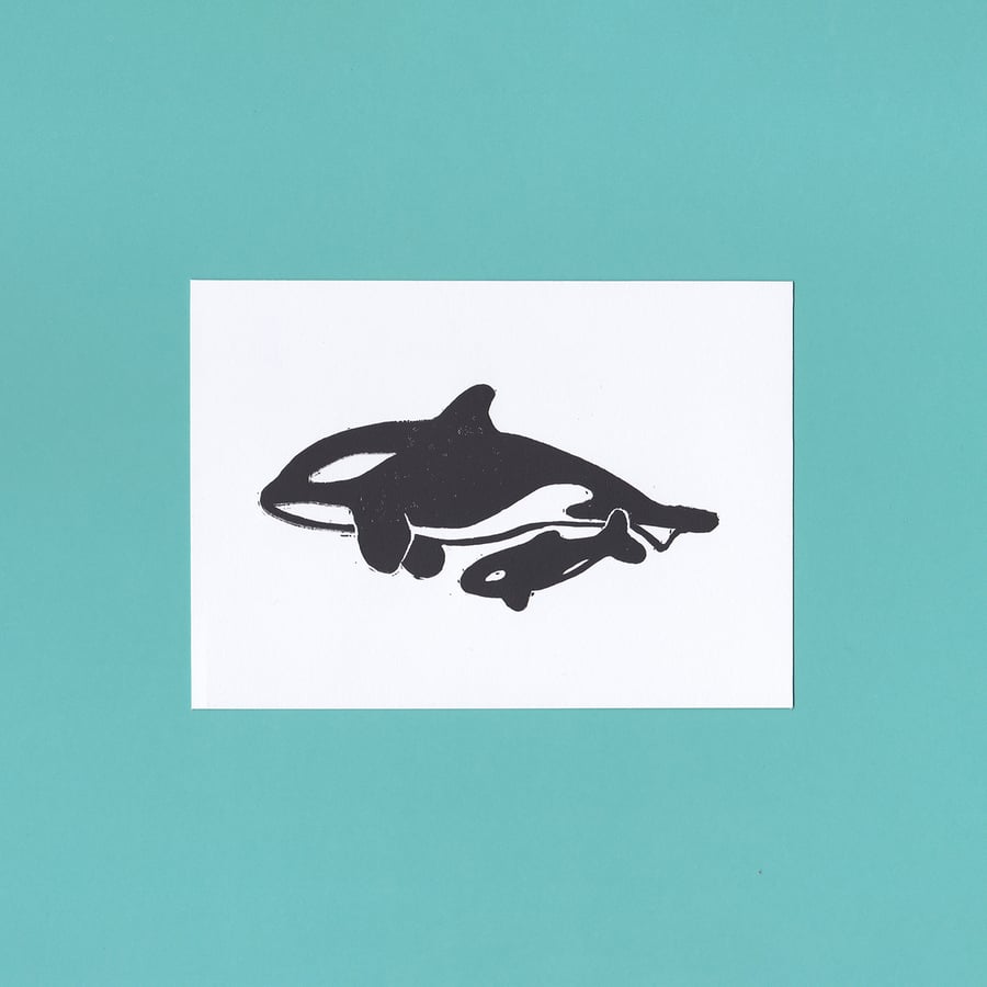 SECONDS - Orcas – Killer Whales - Adult and calf - Original Handmade Lino Print