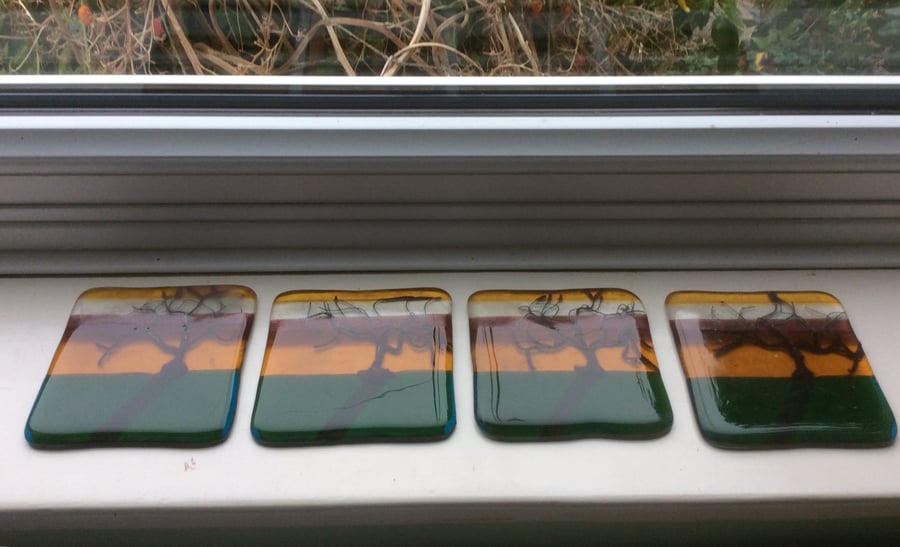 Fused Glass Winter Trees Tiles Set of 4