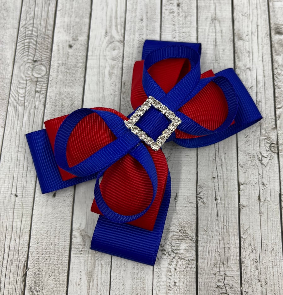 Cobalt Blue and Red Double Layer Bow with Cobalt Blue Loops on Clip