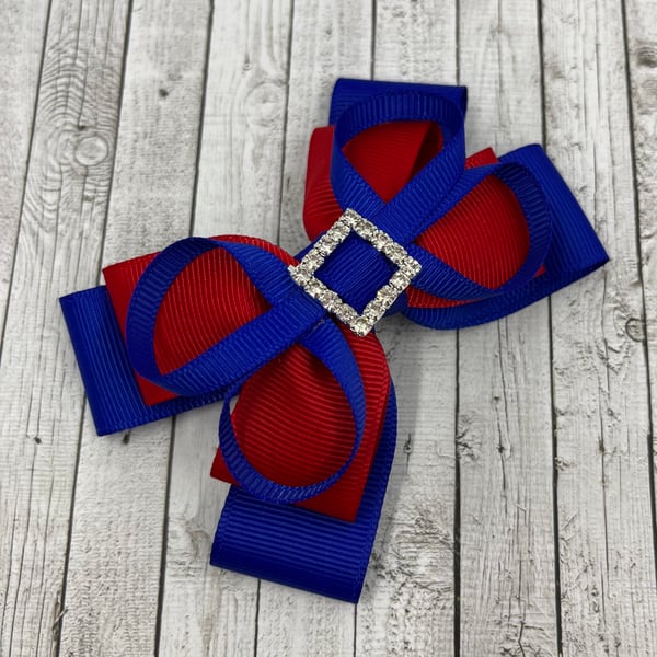 Cobalt Blue and Red Double Layer Bow with Cobalt Blue Loops on Clip