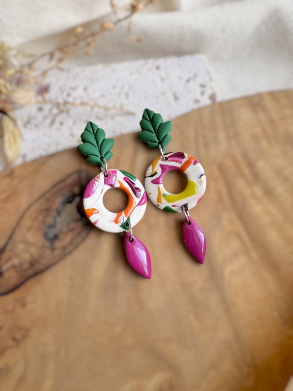 Autumn Fresh Abstract Marbled Hoop & Forest Green Leaf Polymer Clay Dangles