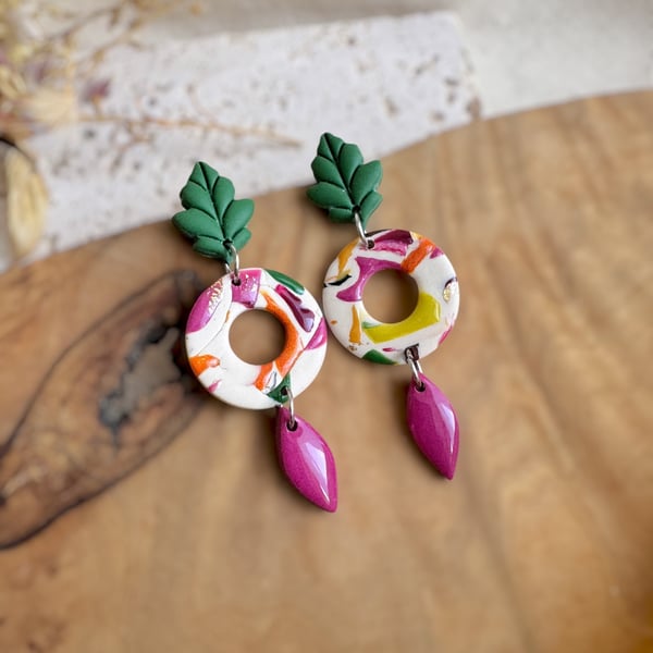 Autumn Fresh Abstract Marbled Hoop & Forest Green Leaf Polymer Clay Dangles