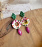 Autumn Fresh Abstract Marbled Hoop & Forest Green Leaf Polymer Clay Dangles