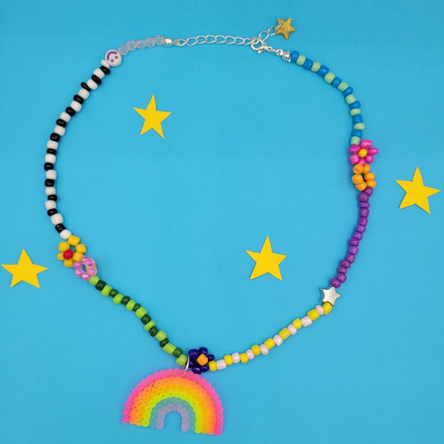 Vibrant and colourful rainbow charm beaded necklace