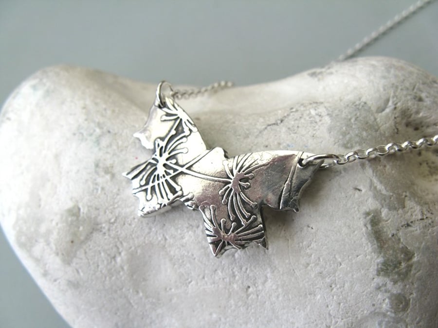Fine silver butterfly necklace with dandelion clocks