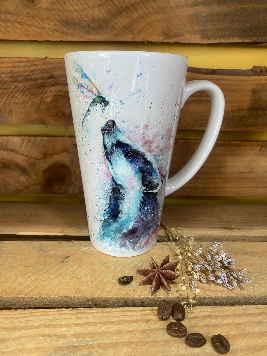 Badger and Damselfly Latte Mug, Large 17oz Ceramic Coffee Mug, Colourful Wildlif
