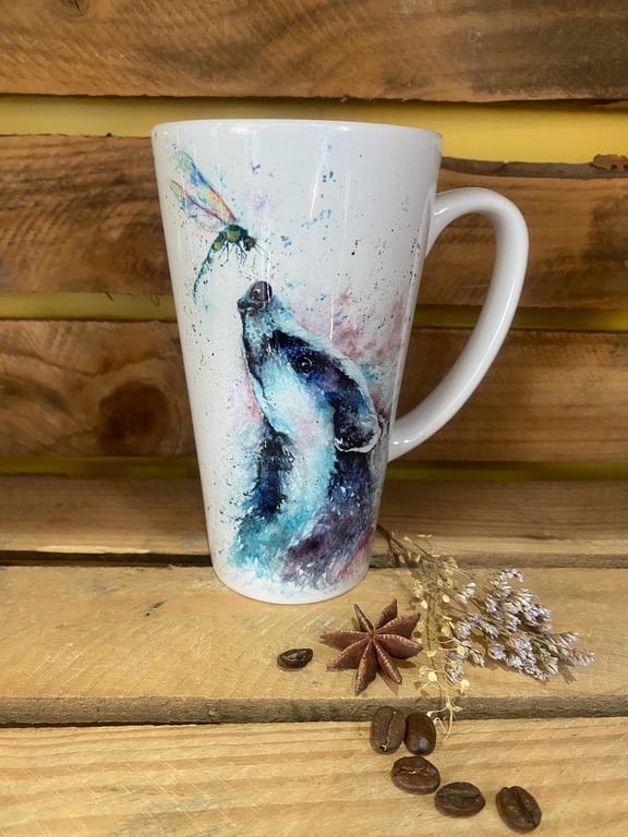 Badger and Damselfly Latte Mug, Large 17oz Ceramic Coffee Mug, Colourful Wildlif