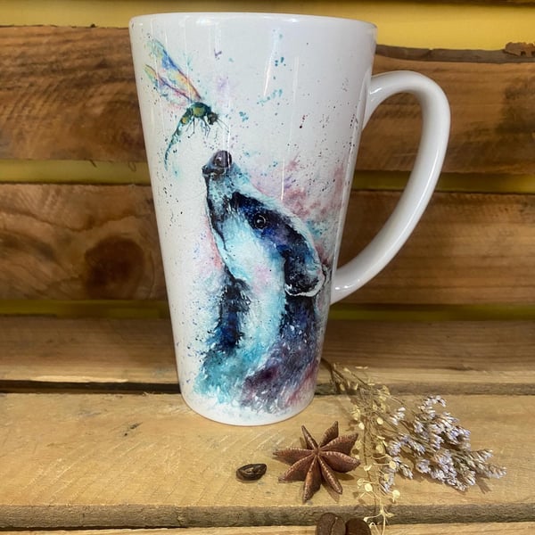 Badger and Damselfly Latte Mug, Large 17oz Ceramic Coffee Mug, Colourful Wildlif