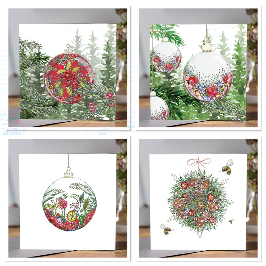 Winter bauble greeting card x 4 