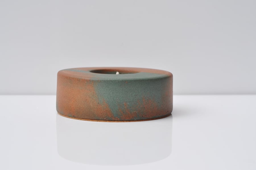 Handmade Concrete Tealight Holder - Green and Orange Cylindrical Candle Holder B
