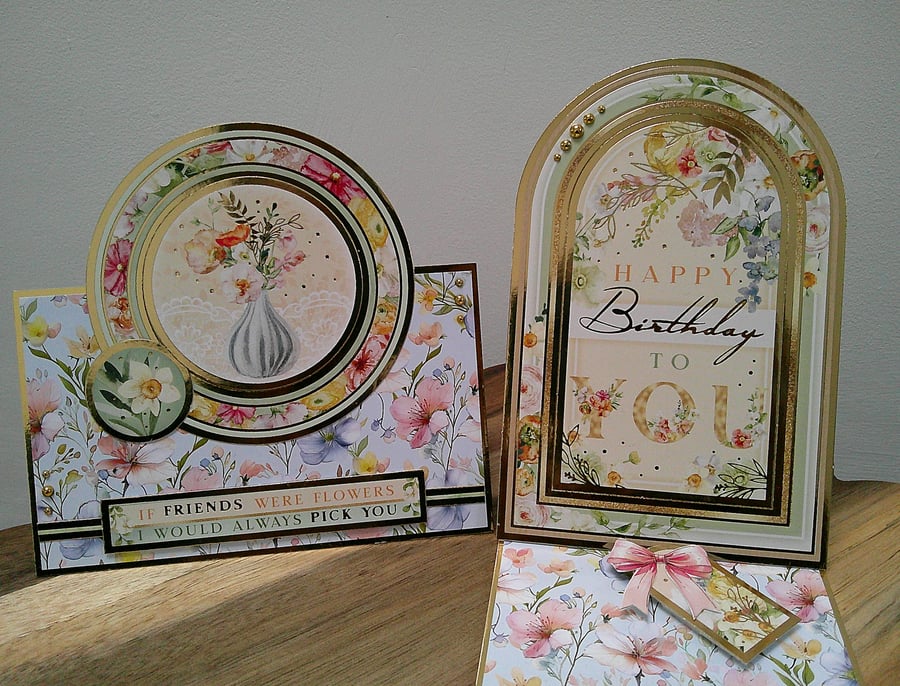 Matching Friend Notelet & Birthday Card Duo - Pastel Tone Spring Flowers