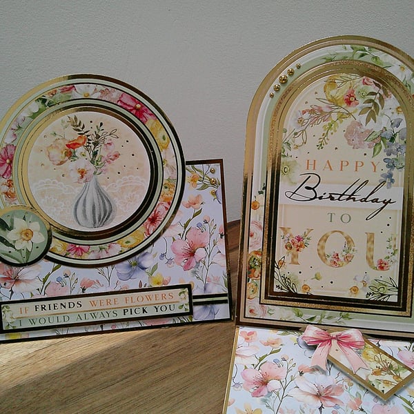 Matching Friend Notelet & Birthday Card Duo - Pastel Tone Spring Flowers