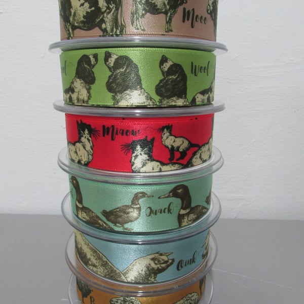 Cow Dog Cat Duck Pig Sheep Ribbon 2.5cm satin x 1 metre
