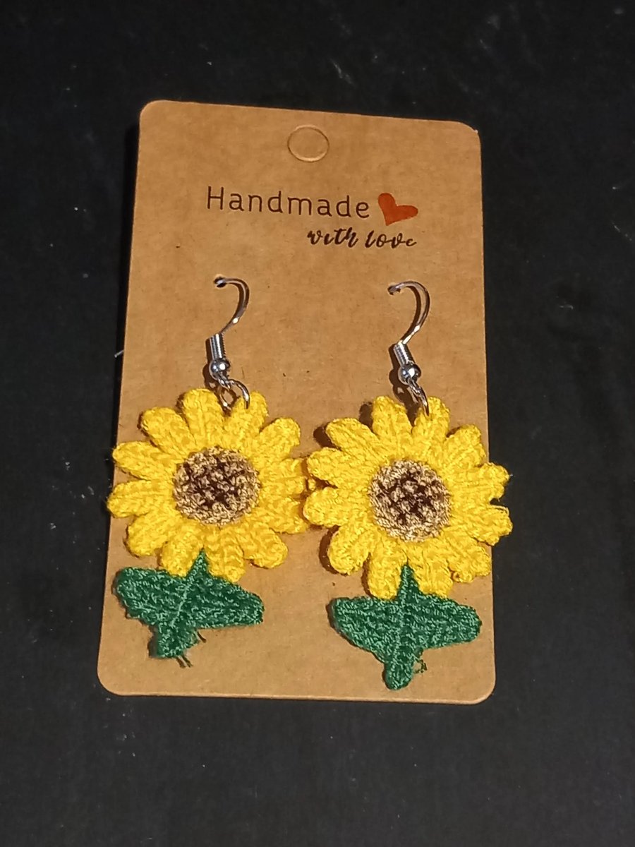 Sunflower crochet Earrings crochet stainless steel dangly earrings OOAK