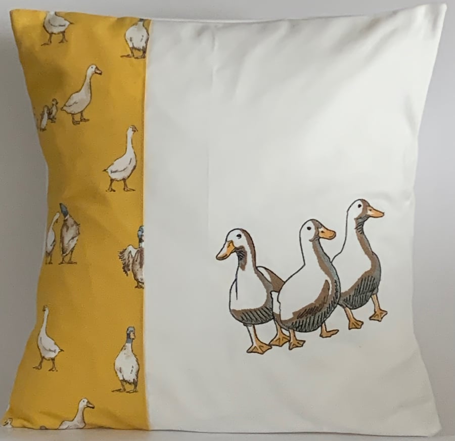 Duck & Geese Two Tone Embroidered Cushion Cover 16"x16"  Last One