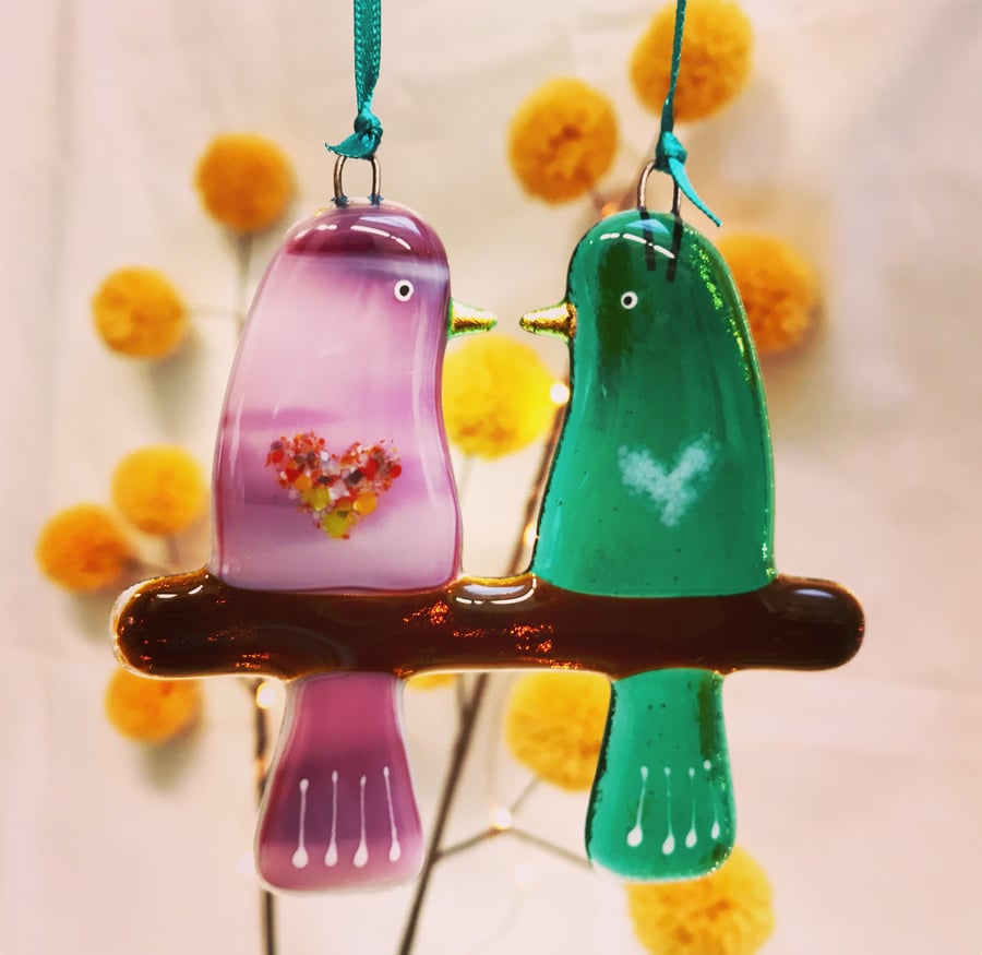 Fused glass Love Birds - Pink & Emerald