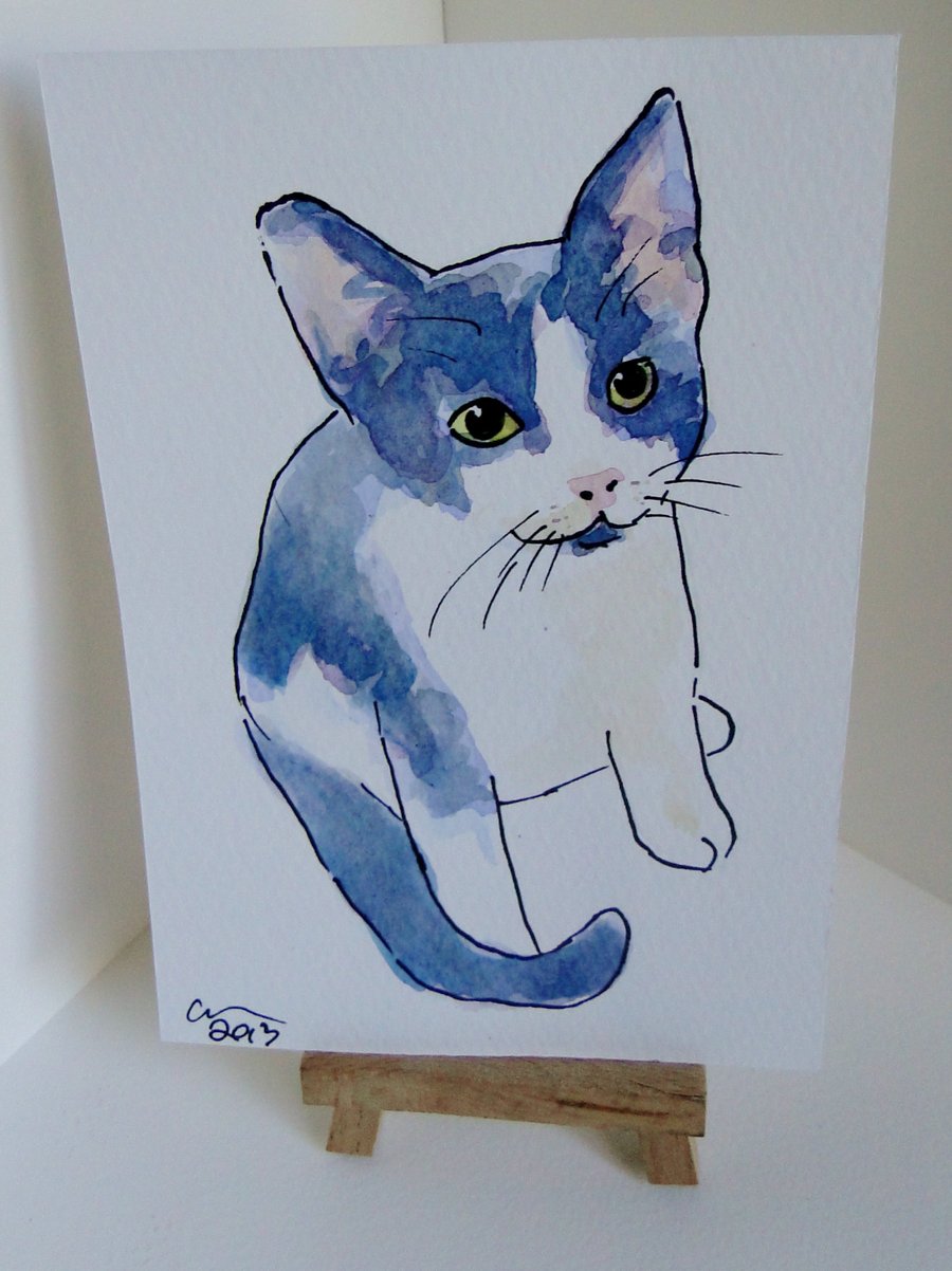 OSWOA Kitten Cute Art  Original Watercolour & Ink Painting 4x6 OOAK Cat