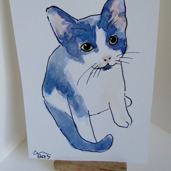 OSWOA Kitten Cute Art  Original Watercolour & Ink Painting 4x6 OOAK Cat