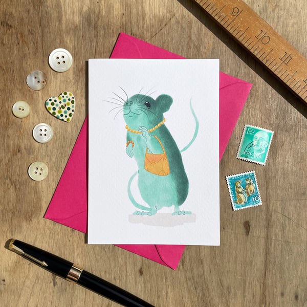 Teal Field Mouse Illustrated Blank Greeting Card