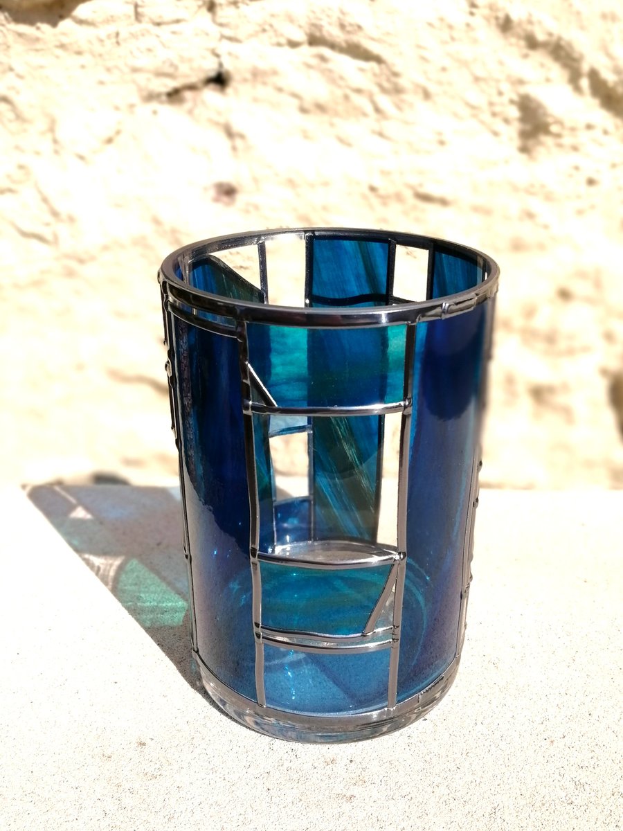Marbled Shades of Teal is a Stained Glass Flower Vase Art Deco Design