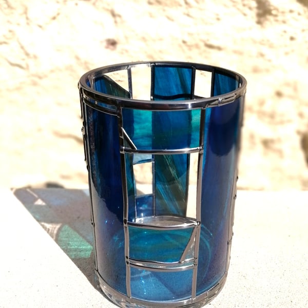 Marbled Shades of Teal is a Stained Glass Flower Vase Art Deco Design