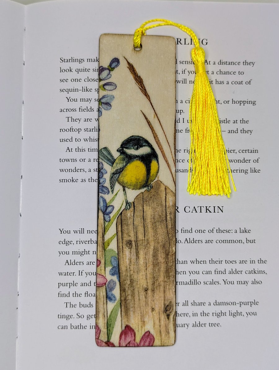 Wooden bookmark with a great tit design, gift for a bird lover