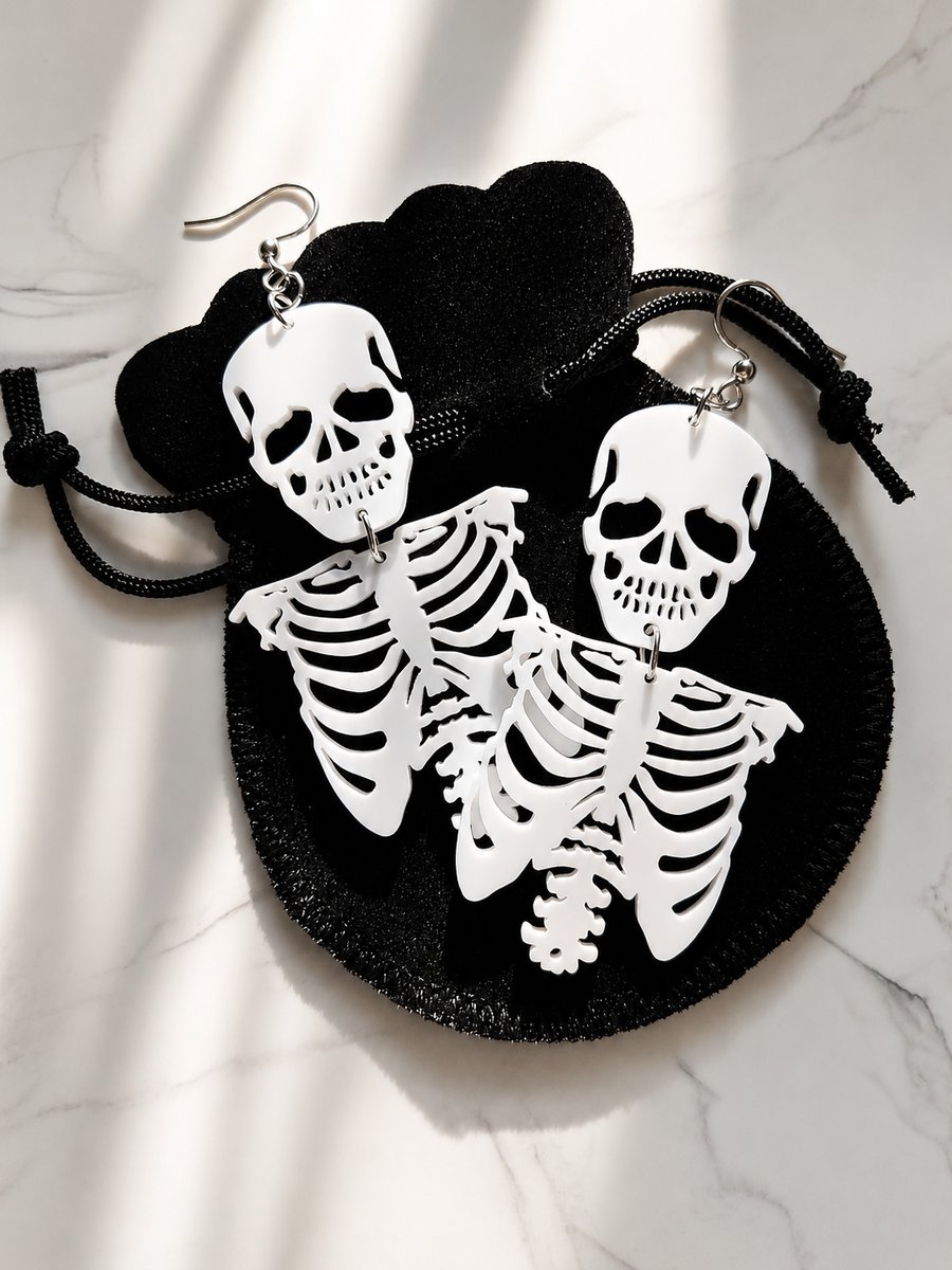Halloween alternative white skeleton long earrings 