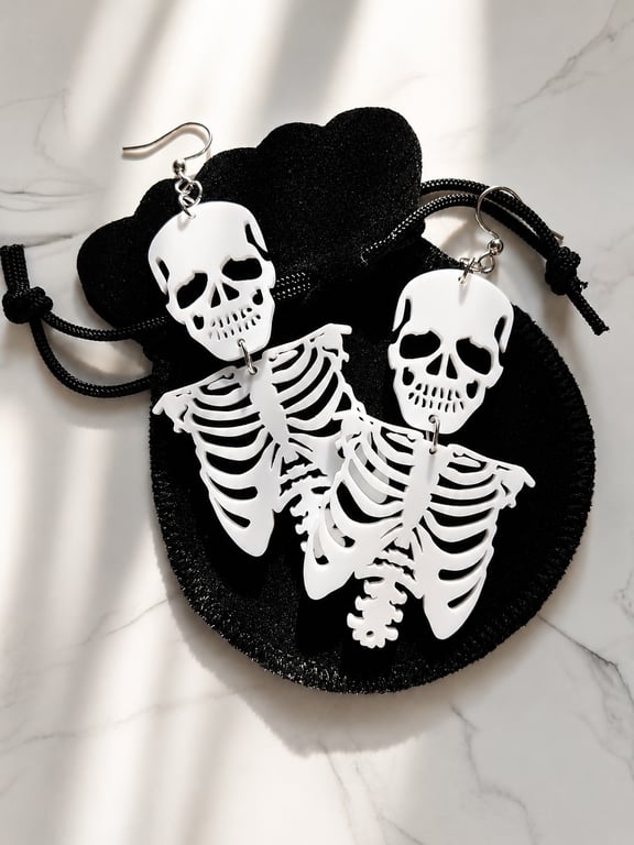 Halloween alternative white skeleton long earrings 