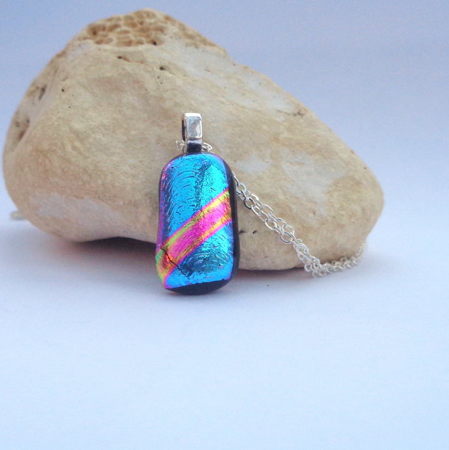 Dichroic glass pendant art turquoise blue with ribbon