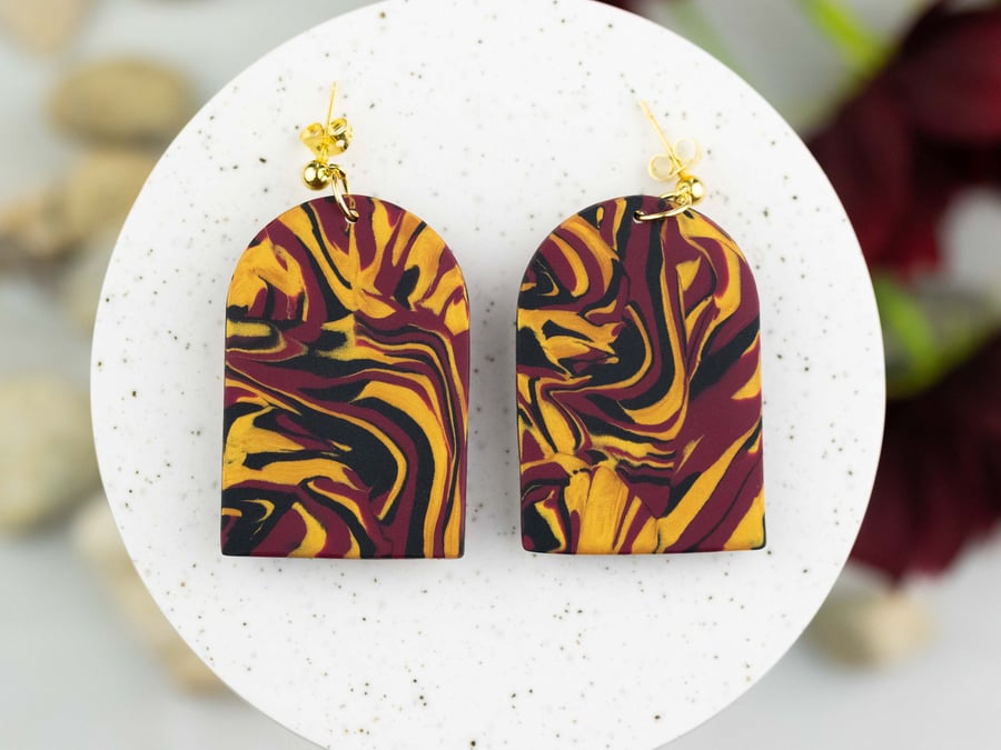 Sumptuous Swirl Statement Earrings (Burgundy earrings, Swirl pattern earrings)