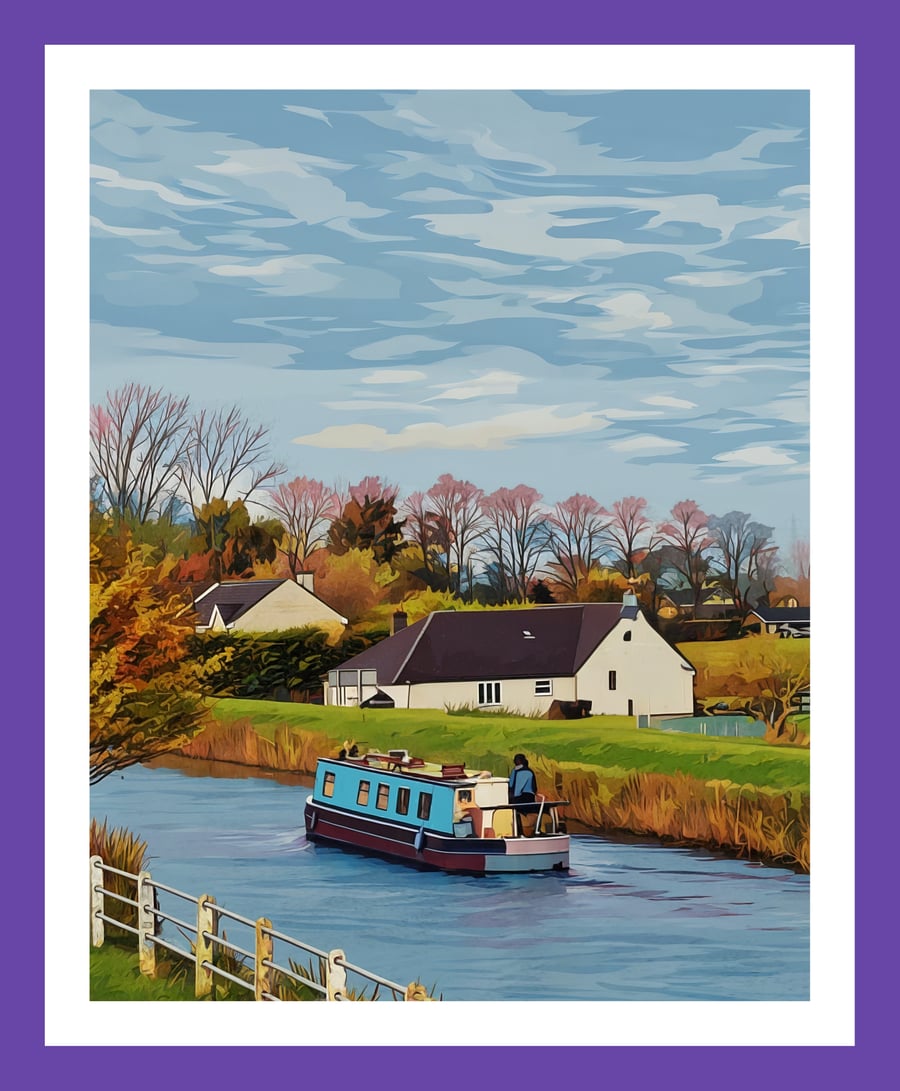 Narrow Boat On The Fens Norfolk Autumn Time Greeting Card A5 Pop Art Style 