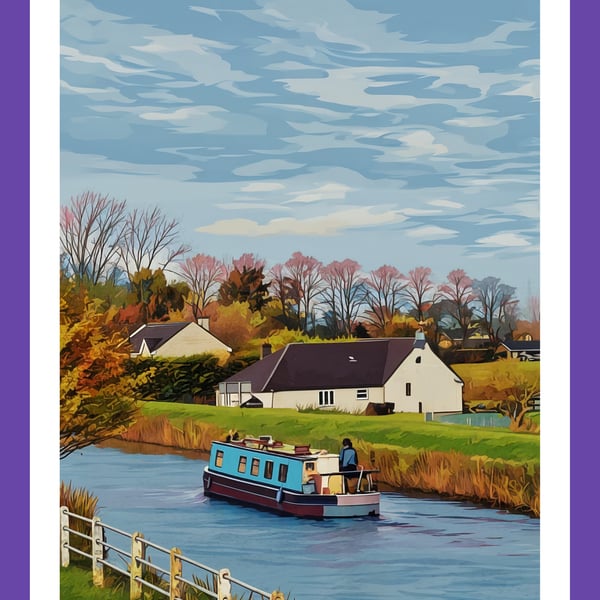 Narrow Boat On The Fens Norfolk Autumn Time Greeting Card A5 Pop Art Style 