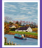 Narrow Boat On The Fens Norfolk Autumn Time Greeting Card A5 Pop Art Style  - Image 1