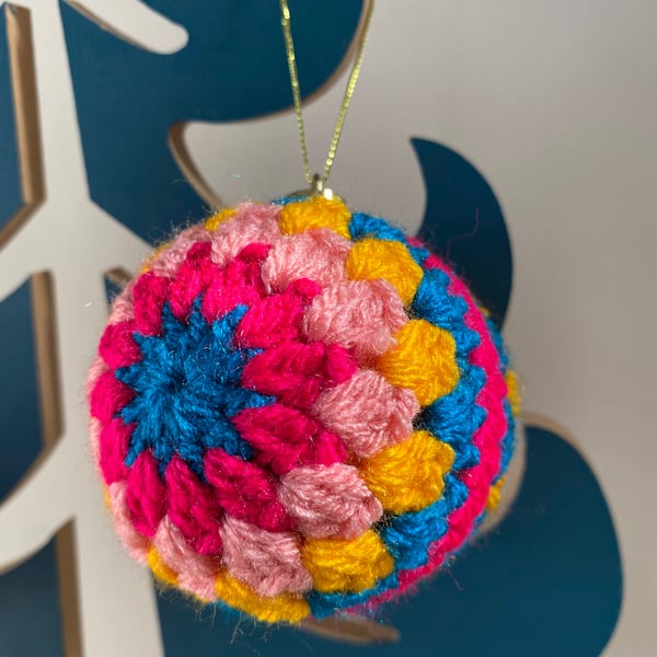 Set of 3 crochet Christmas baubles -  bright pink and yellow