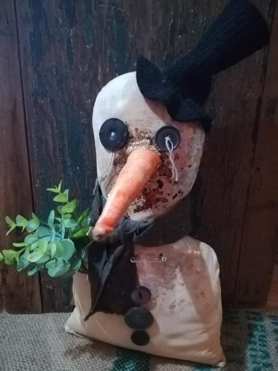Primitive, folk art style snowman, snowman art doll, shelf sitter