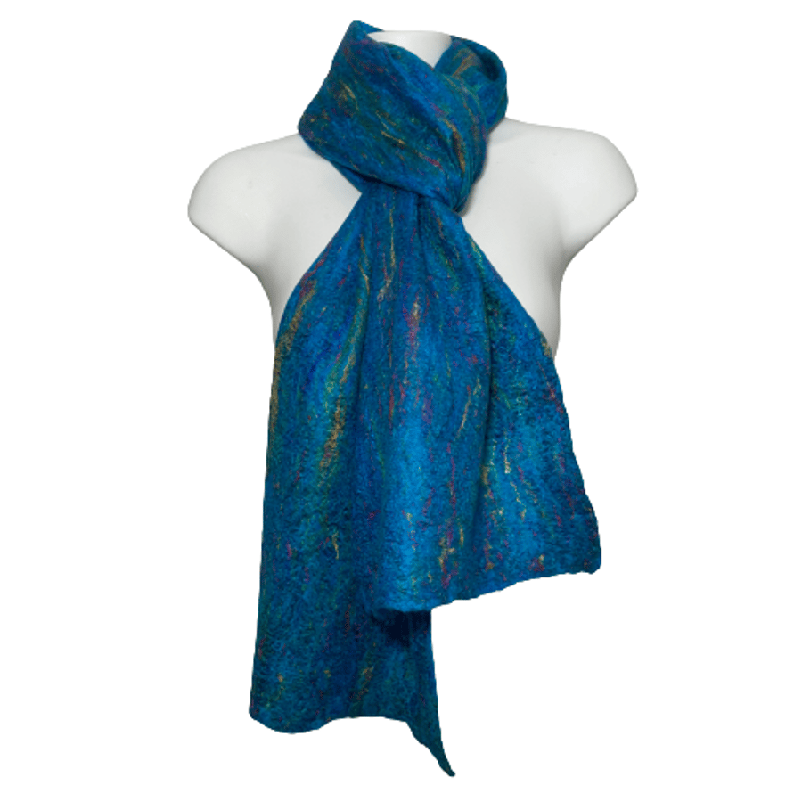 Merino wool and recycled sari silk felted scarf in turquoise