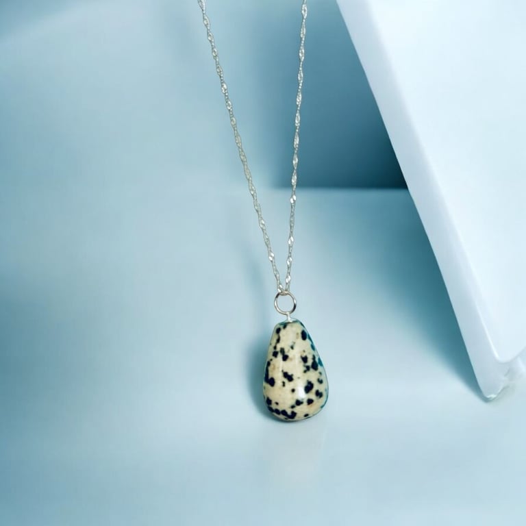 Dalmation Jasper Water Drop Stone Necklace - Sterling Silver - Gift Boxed