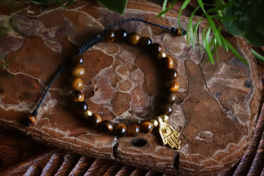 Chunky bracelet with 6mm Tiger Eye anf brass charm Hamsa Hand.