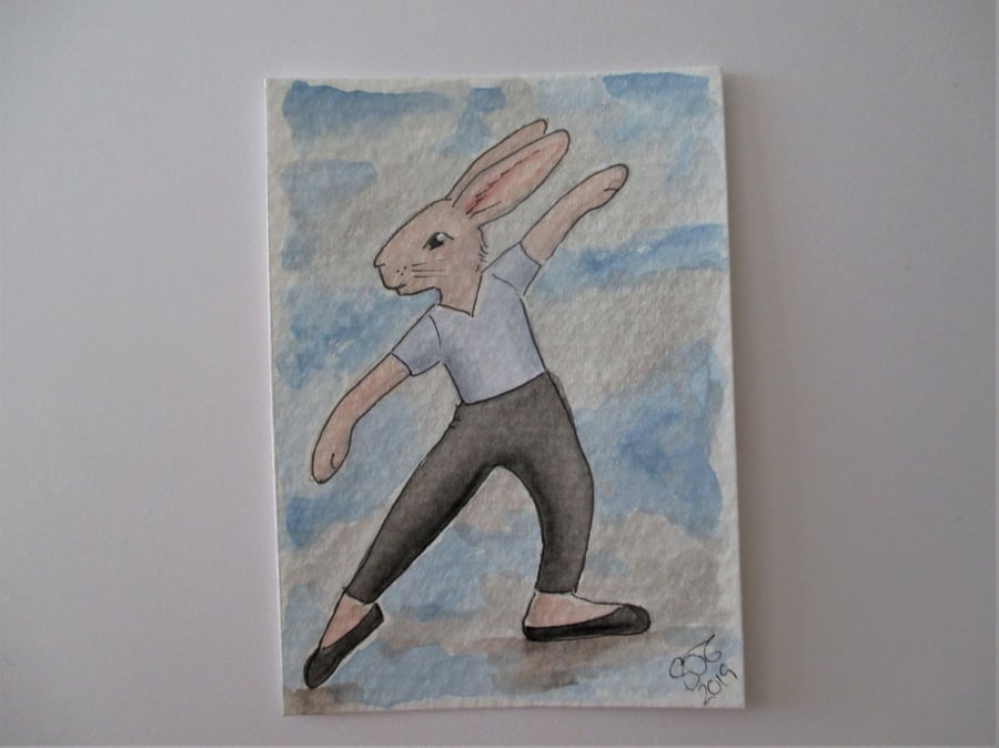 ACEO Bunny Rabbit Ballerina Ballet Dancing Bunny Rabbit Original Painting 024