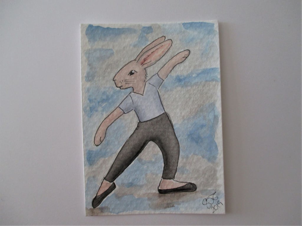 ACEO Bunny Rabbit Ballerina Ballet Dancing Bunny Rabbit Original Painting 024