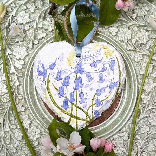 Bluebell hand-painted slate heart ornament