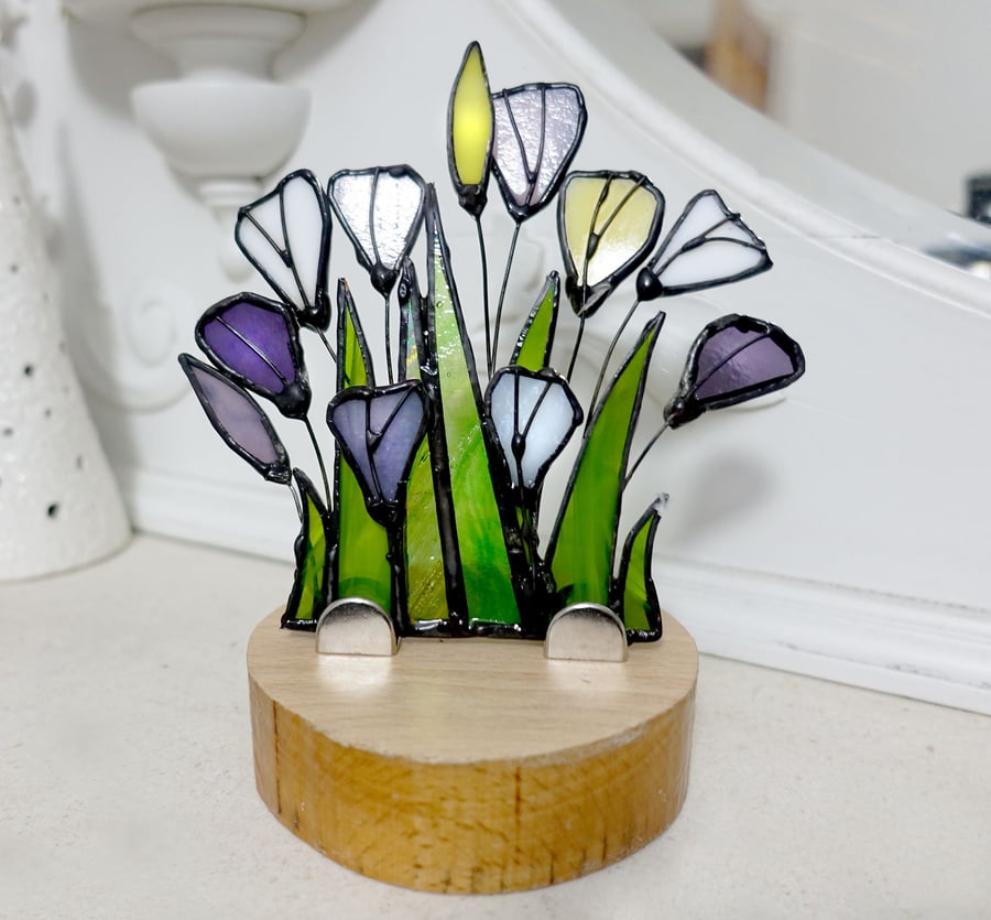 Crocus  Stained Glass Suncatcher Tea Light Holder Ash Wood Base