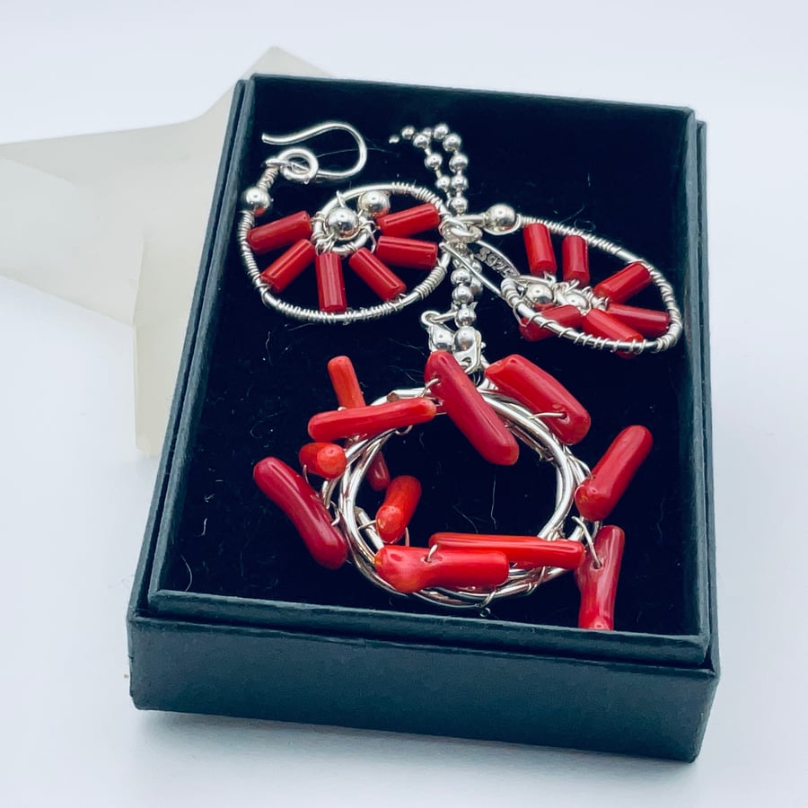 Dyed red coral twig pendant and matching earrings