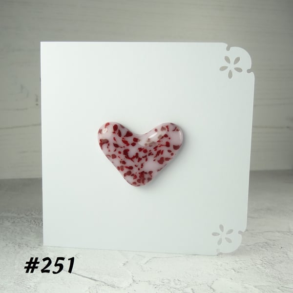 Handcrafted pink and red speckled heart fused glass blank card (251)