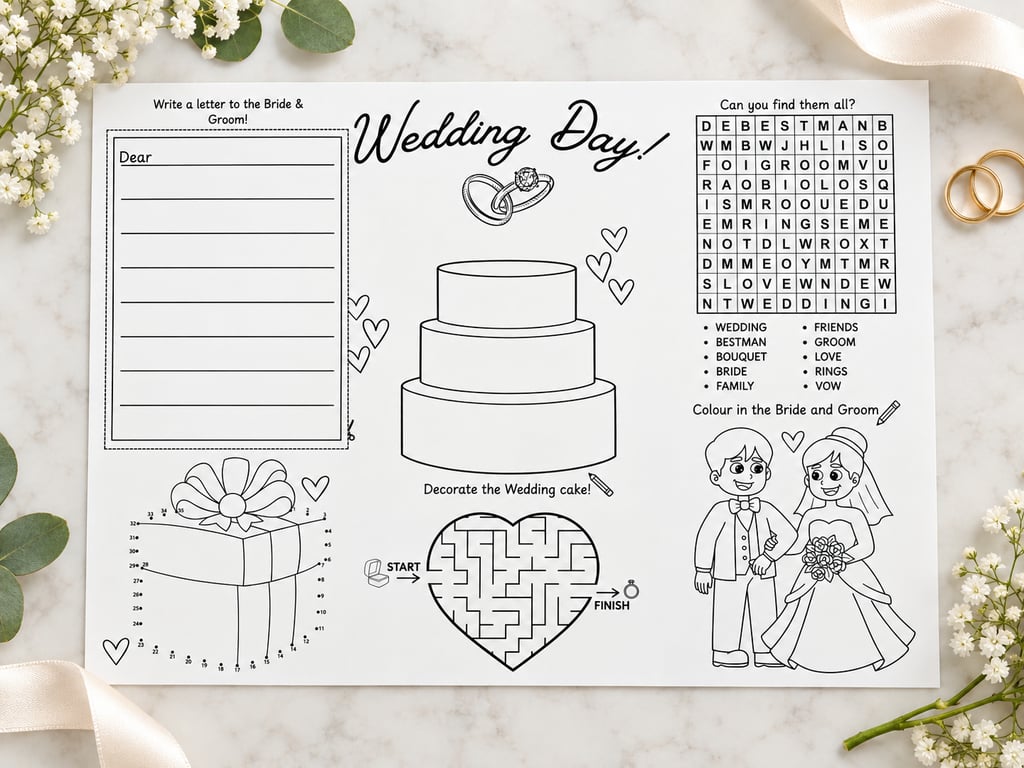 Wedding Kids Activity Placemats A3 - Set of 5 Children's Activity Sheets