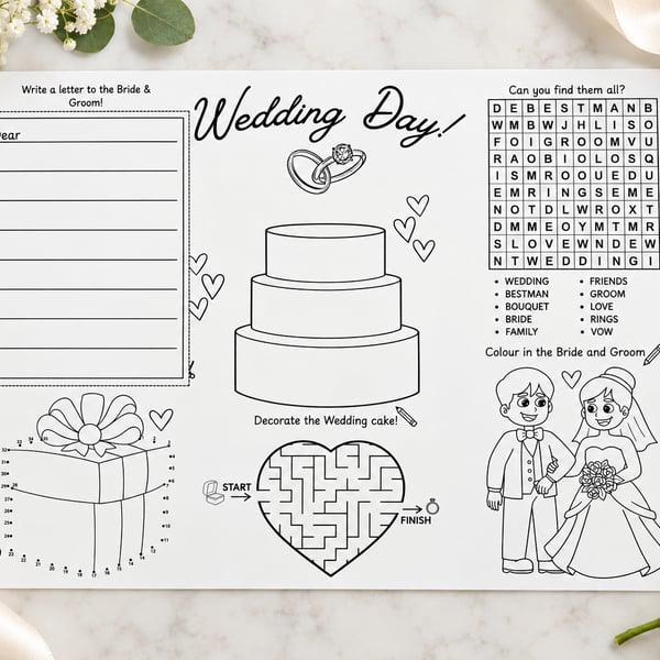 Wedding Kids Activity Placemats A3 - Set of 5 Children's Activity Sheets
