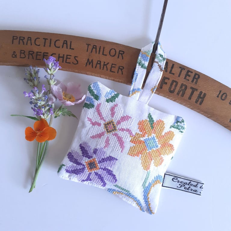Lavender bag upcycled in a folk art style vintage embroidery