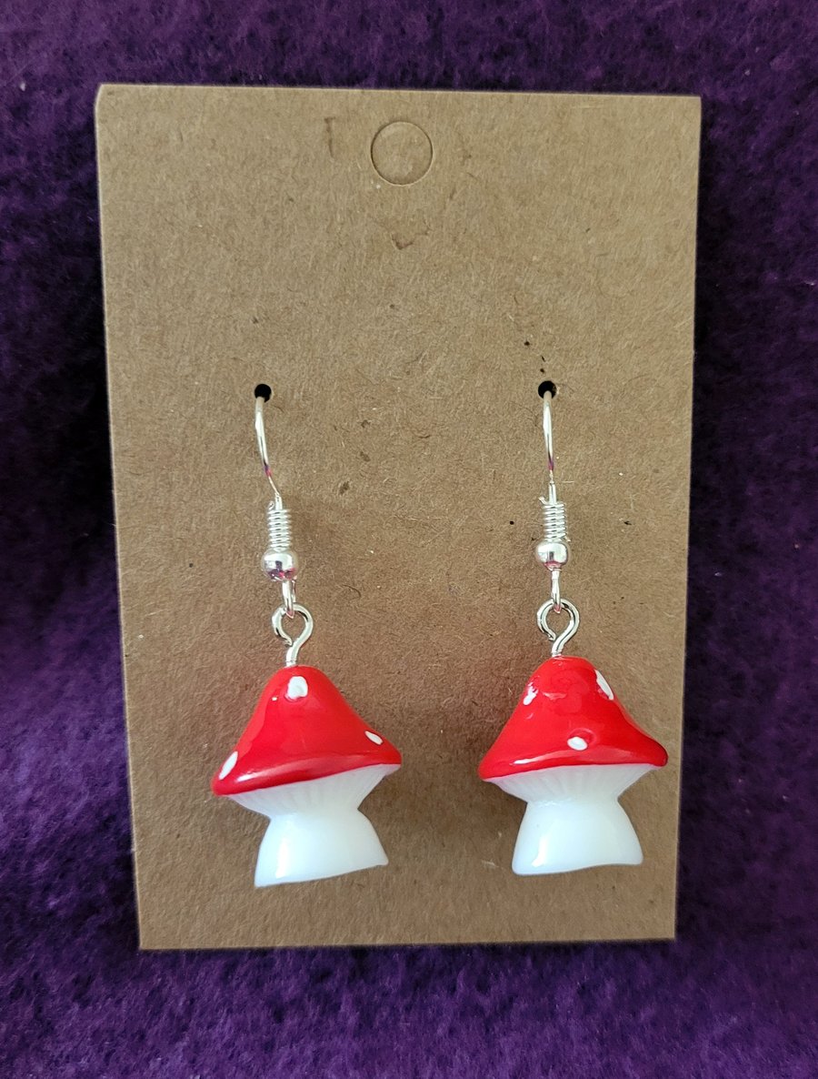 Red & White Toadstool Charm Dangle Earrings on Silver Plated Earring Hooks