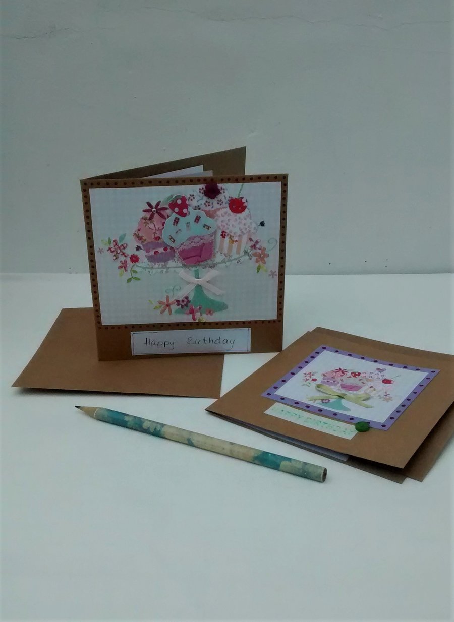 2 Birthday Cards, Cupcakes and Flowers, Eco Friendly Upcycled Card